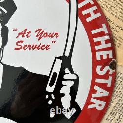 Vintage Texaco Trust Your Car To Man W Star 12 Inch Convex Porcelain Enamel Sign