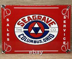 Vintage The Seagrave Co Porcelain Sign Fire Fighter Gas Oil Sales Service Ohio