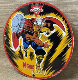 Vintage Thor N-tane Conoco Gasoline 12 Porcelain Marvel Comic Oil Sign