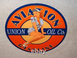 Vintage Union Aviation Gasoline Station +woman 11 3/4 Porcelain Metal Oil Sign