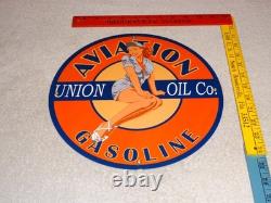 Vintage Union Aviation Gasoline Station +woman 11 3/4 Porcelain Metal Oil Sign