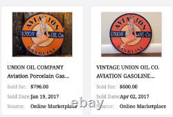 Vintage Union Aviation Gasoline Station +woman 11 3/4 Porcelain Metal Oil Sign