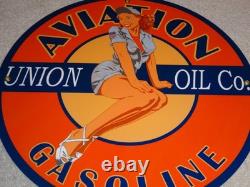 Vintage Union Aviation Gasoline Station +woman 11 3/4 Porcelain Metal Oil Sign