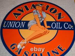 Vintage Union Aviation Gasoline Station +woman 11 3/4 Porcelain Metal Oil Sign