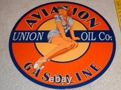 Vintage Union Aviation Gasoline Station +woman 11 3/4 Porcelain Metal Oil Sign