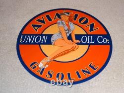 Vintage Union Aviation Gasoline Station +woman 11 3/4 Porcelain Metal Oil Sign