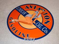 Vintage Union Aviation Gasoline Station +woman 11 3/4 Porcelain Metal Oil Sign
