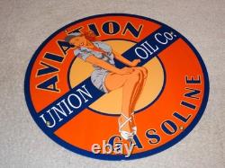 Vintage Union Aviation Gasoline Station +woman 11 3/4 Porcelain Metal Oil Sign