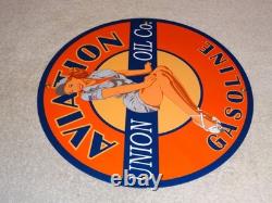Vintage Union Aviation Gasoline Station +woman 11 3/4 Porcelain Metal Oil Sign