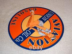 Vintage Union Aviation Gasoline Station +woman 11 3/4 Porcelain Metal Oil Sign