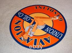 Vintage Union Aviation Gasoline Station +woman 11 3/4 Porcelain Metal Oil Sign