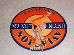 Vintage Union Aviation Gasoline Station +woman 11 3/4 Porcelain Metal Oil Sign