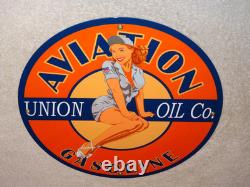Vintage Union Aviation Gasoline Station +woman 11 3/4 Porcelain Metal Oil Sign