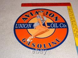 Vintage Union Aviation Gasoline Station +woman 11 3/4 Porcelain Metal Oil Sign