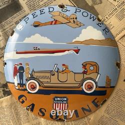 Vintage Union Gasoline Speed & Power 12 Inch Convex Porcelain Enamel Sign