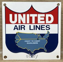 Vintage United Air Lines Porcelain Sign Oil Gas Aviation Hangar Plane Airport