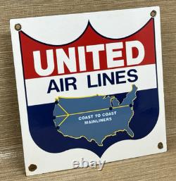 Vintage United Air Lines Porcelain Sign Oil Gas Aviation Hangar Plane Airport