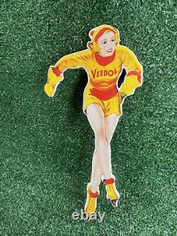 Vintage Veedol Porcelain Sign Figural Ice Skater Woman Motor Oil Gas Station 12