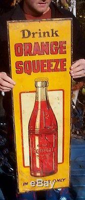 Vintage Vertical tall Squeeze Soda Pop Metal Sign With Bottle Graphic lg 36X12