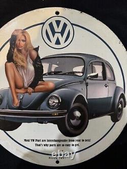 Vintage Volkswagon Motor Cars Porcelain Pinup Girl Gas Oil Motor Garage Ad Sign