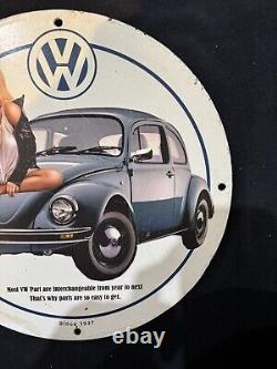 Vintage Volkswagon Motor Cars Porcelain Pinup Girl Gas Oil Motor Garage Ad Sign