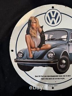 Vintage Volkswagon Motor Cars Porcelain Pinup Girl Gas Oil Motor Garage Ad Sign