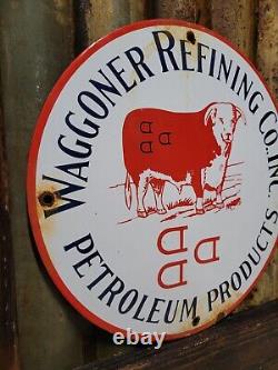 Vintage Waggoner Refining Co Porcelain Sign Petroleum Oil Cattle DDD Ranch Steer