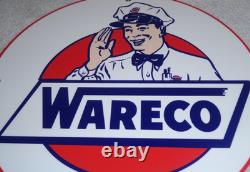 Vintage Wareco Gas Service Station Man 11 3/4 Porcelain Metal Gasoline Oil Sign