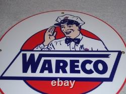 Vintage Wareco Gas Service Station Man 11 3/4 Porcelain Metal Gasoline Oil Sign