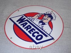 Vintage Wareco Gas Service Station Man 11 3/4 Porcelain Metal Gasoline Oil Sign