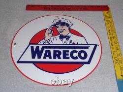 Vintage Wareco Gas Service Station Man 11 3/4 Porcelain Metal Gasoline Oil Sign