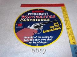 Vintage Warning 2nd Amendment Winchester Revolver 11 3/4 Porcelain Metal Sign