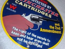 Vintage Warning 2nd Amendment Winchester Revolver 11 3/4 Porcelain Metal Sign