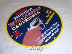 Vintage Warning 2nd Amendment Winchester Revolver 11 3/4 Porcelain Metal Sign