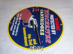 Vintage Warning 2nd Amendment Winchester Revolver 11 3/4 Porcelain Metal Sign