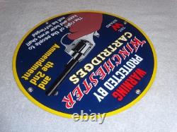 Vintage Warning 2nd Amendment Winchester Revolver 11 3/4 Porcelain Metal Sign
