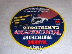 Vintage Warning 2nd Amendment Winchester Revolver 11 3/4 Porcelain Metal Sign
