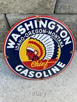 Vintage Washington Indian Gasoline Sign American Chief Gas Pump Porcelain Sign