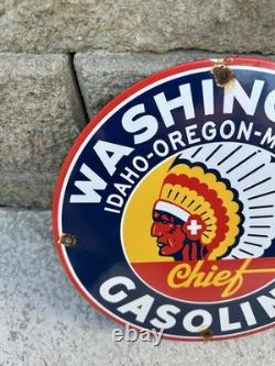 Vintage Washington Indian Gasoline Sign American Chief Gas Pump Porcelain Sign