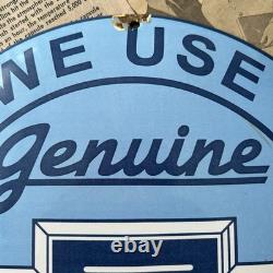 Vintage We Use Genuine Chevrolet Parts 12 Inch Convex Porcelain Enamel Sign