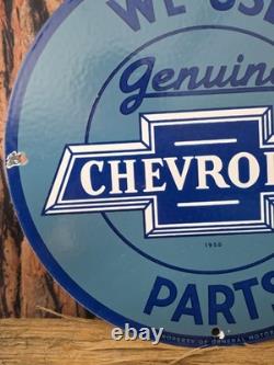 Vintage We Use Genuine Chevrolet Parts Porcelain Sign 12 In Diameter- Nice