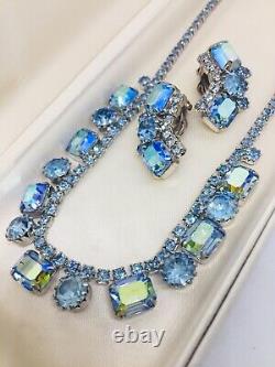 Vintage Weiss Signed Blue Aurora Borealis Rhinestone Necklace Choker & Earrings