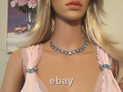 Vintage Weiss Signed Blue Aurora Borealis Rhinestone Necklace Choker & Earrings