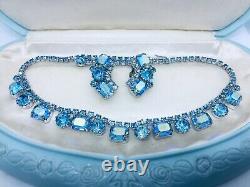 Vintage Weiss Signed Blue Aurora Borealis Rhinestone Necklace Choker & Earrings