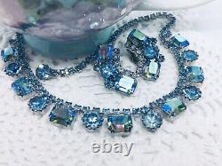 Vintage Weiss Signed Blue Aurora Borealis Rhinestone Necklace Choker & Earrings