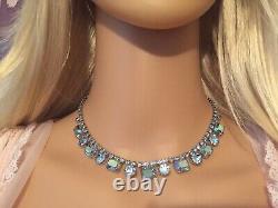 Vintage Weiss Signed Blue Aurora Borealis Rhinestone Necklace Choker & Earrings