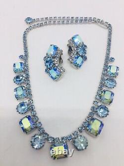 Vintage Weiss Signed Blue Aurora Borealis Rhinestone Necklace Choker & Earrings