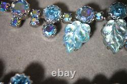 Vintage Weiss Signed Molded Blue Glass Ab Rhinestone Necklace Bracelet Earrings