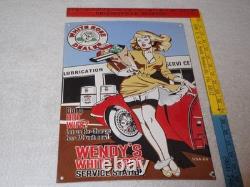 Vintage Wendy White Rose Woman Convertible 16 Porcelain Metal Gasoline Oil Sign