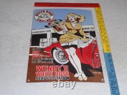 Vintage Wendy White Rose Woman Convertible 16 Porcelain Metal Gasoline Oil Sign